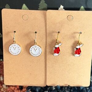 Handcrafted Mad Hatter Earring Bundle White Rabbit and Clock Earrings Set 2 Pair